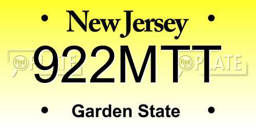 922MTT New Jersey License Plate