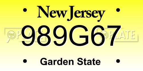989G67 New Jersey License Plate