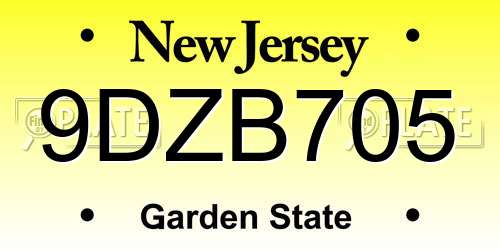 9DZB705 New Jersey License Plate