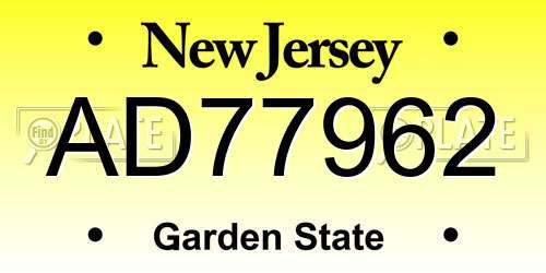 AD77962 New Jersey License Plate