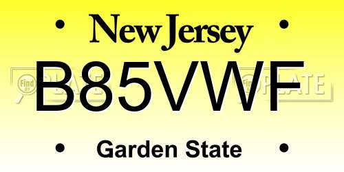 B85VWF New Jersey License Plate