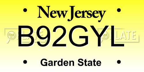 B92GYL New Jersey License Plate