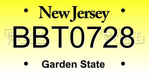 BBT0728 New Jersey License Plate