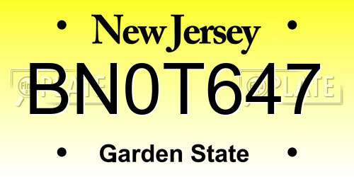 BN0T647 New Jersey License Plate
