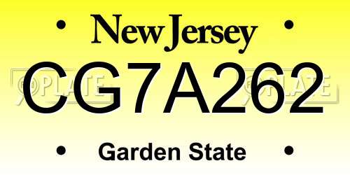 CG7A262 New Jersey License Plate