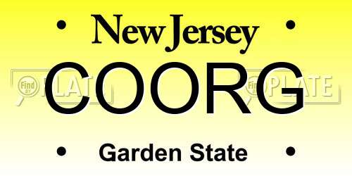 COORG New Jersey License Plate