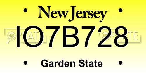 IO7B728 New Jersey License Plate