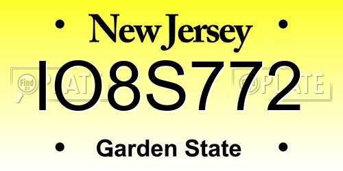 IO8S772 New Jersey License Plate