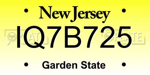 IQ7B725 New Jersey License Plate