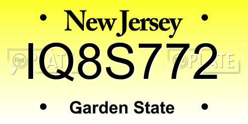 IQ8S772 New Jersey License Plate