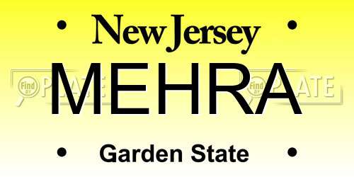 MEHRA New Jersey License Plate