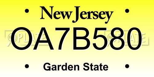 OA7B580 New Jersey License Plate