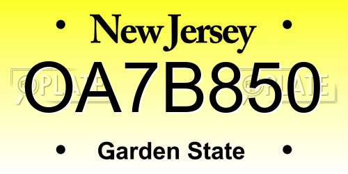 OA7B850 New Jersey License Plate