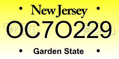 OC7O229 New Jersey License Plate
