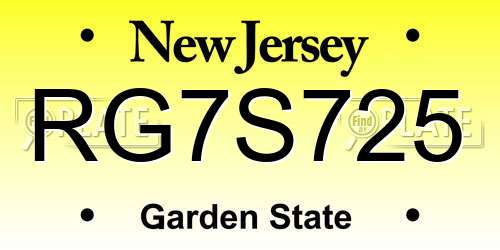 RG7S725 New Jersey License Plate