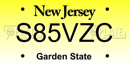 S85VZC New Jersey License Plate