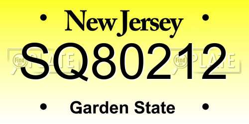 SQ80212 New Jersey License Plate