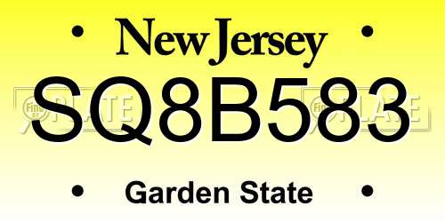 SQ8B583 New Jersey License Plate