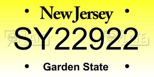 SY22922 New Jersey License Plate