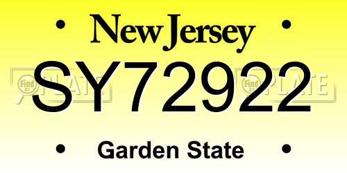 SY72922 New Jersey License Plate