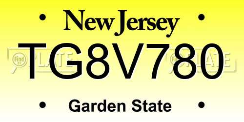 TG8V780 New Jersey License Plate