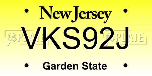 VKS92J New Jersey License Plate