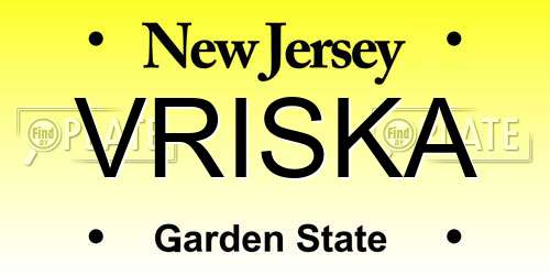 VRISKA New Jersey License Plate