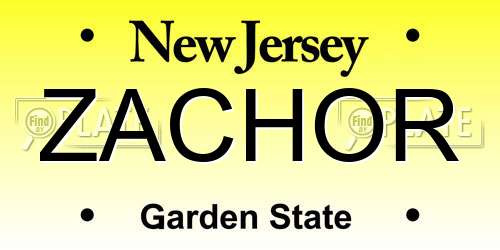 ZACHOR New Jersey License Plate