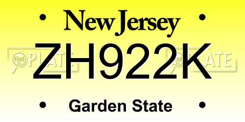 ZH922K New Jersey License Plate