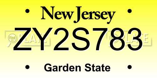 ZY2S783 New Jersey License Plate