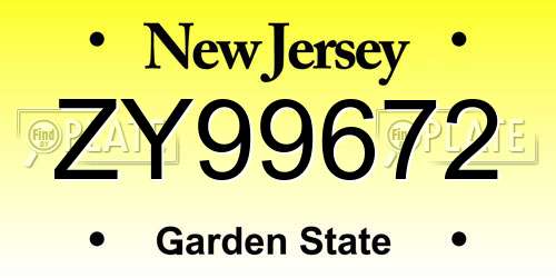 ZY99672 New Jersey License Plate