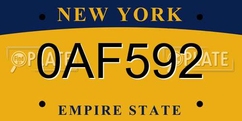 0AF592 New York License Plate