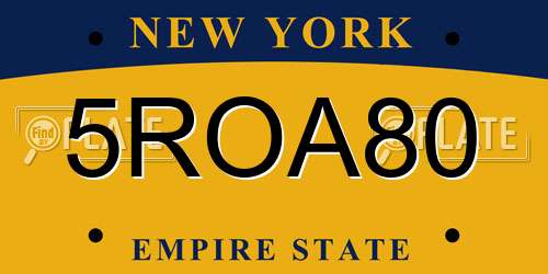 5ROA80 New York License Plate