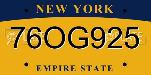 76OG925 New York License Plate