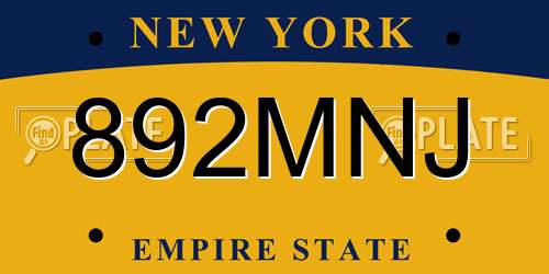 892MNJ New York License Plate