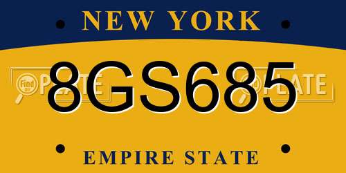 8GS685 New York License Plate
