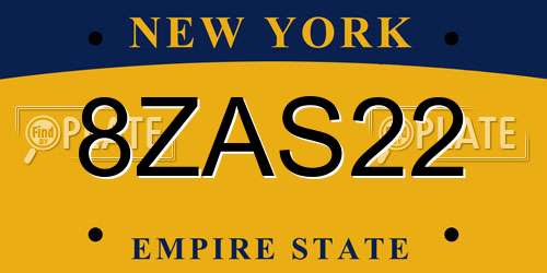8ZAS22 New York License Plate