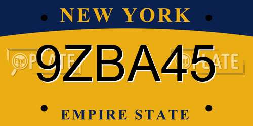 9ZBA45 New York License Plate