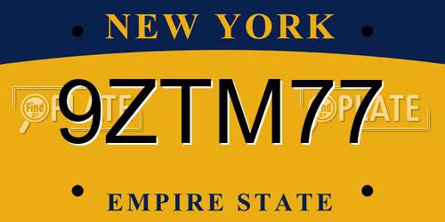 9ZTM77 New York License Plate