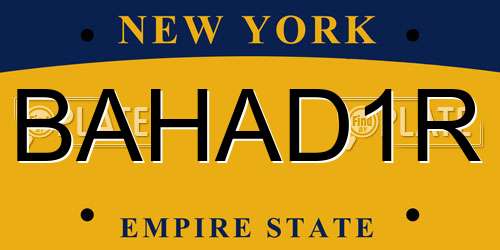 BAHAD1R New York License Plate