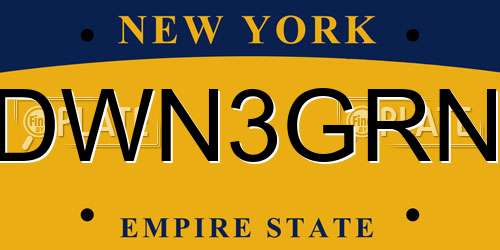 DWN3GRN New York License Plate