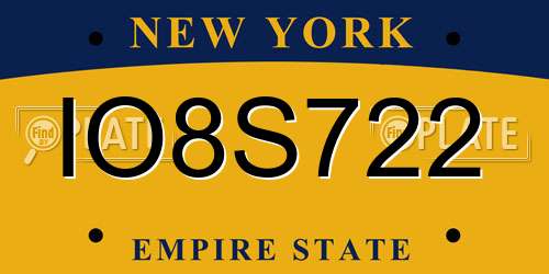 IO8S722 New York License Plate
