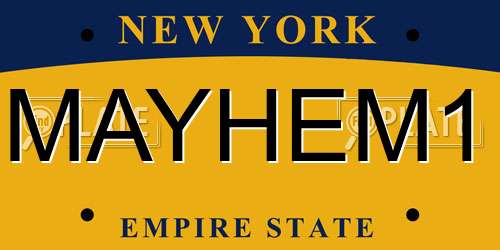 MAYHEM1 New York License Plate