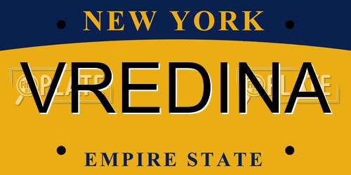 VREDINA New York License Plate