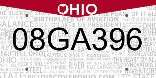 08GA396 Ohio License Plate