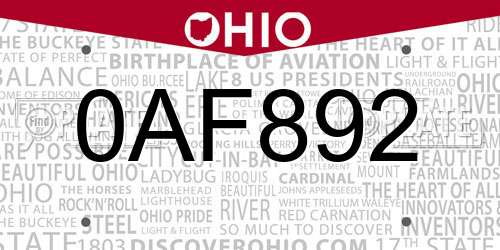 0AF892 Ohio License Plate