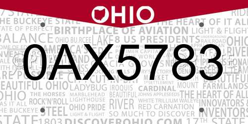 0AX5783 Ohio License Plate