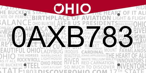 0AXB783 Ohio License Plate