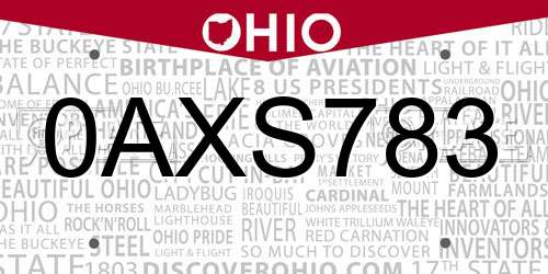 0AXS783 Ohio License Plate