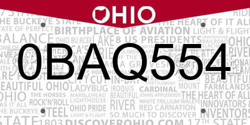 0BAQ554 Ohio License Plate